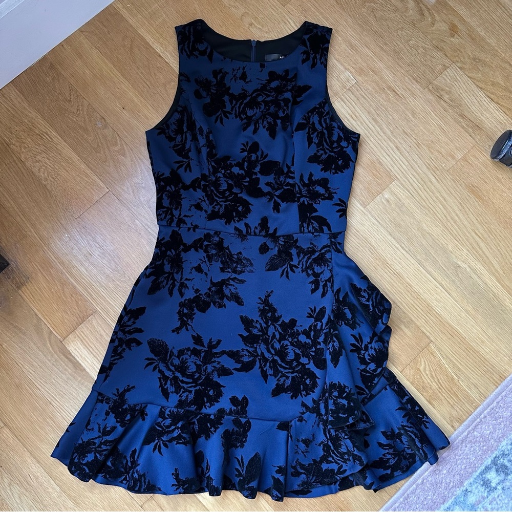 Aqua Navy A-Line Dress with Black Velvet Florals - Size Large